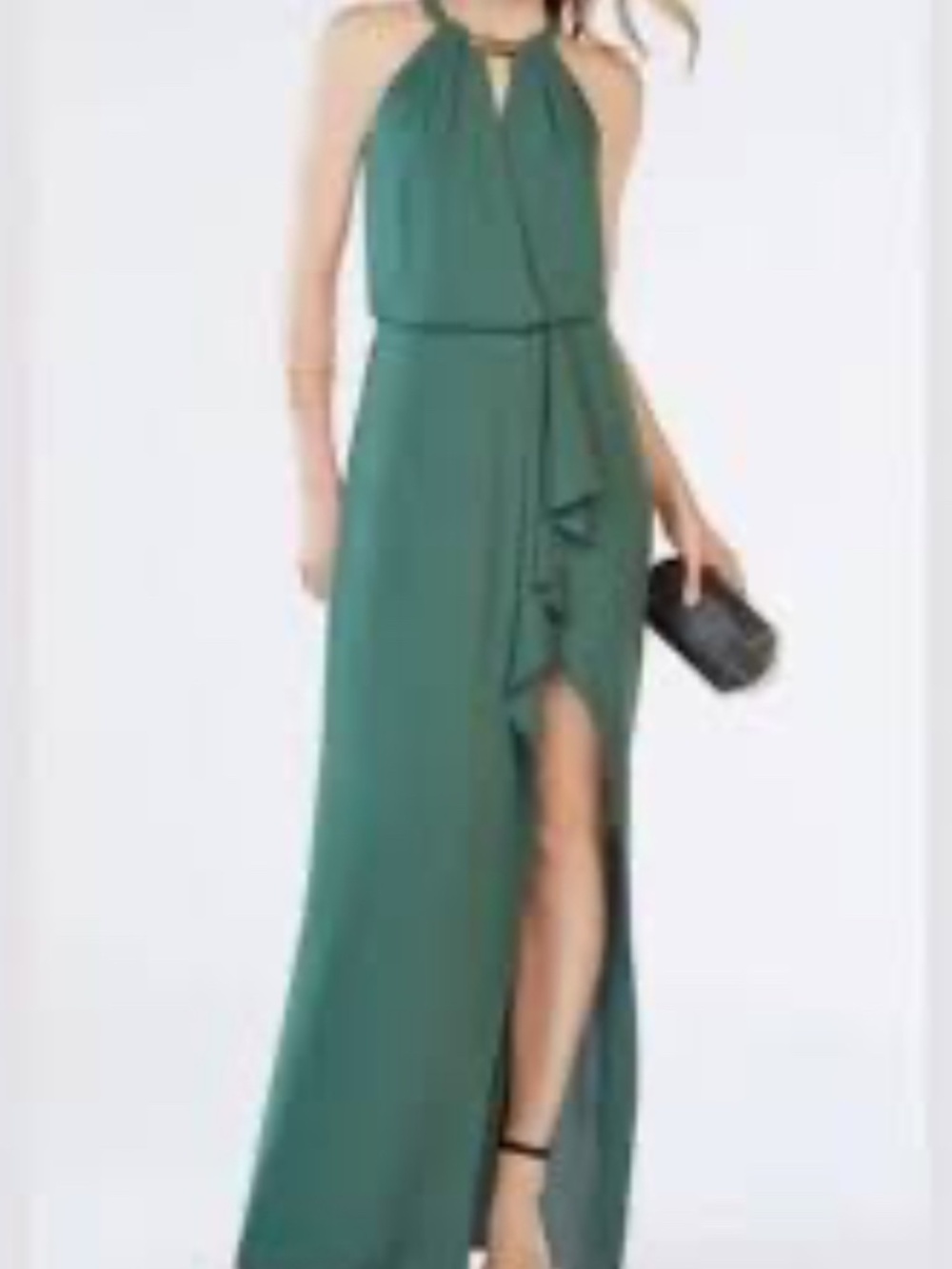 BCBGMaxAzria Dark Green Silk Halter Hardware Neckline Maxi Dress Size 12